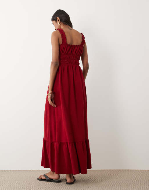 Miss Selfridge – Czerwona marszczona sukienka maxi z kory, 4 z 4