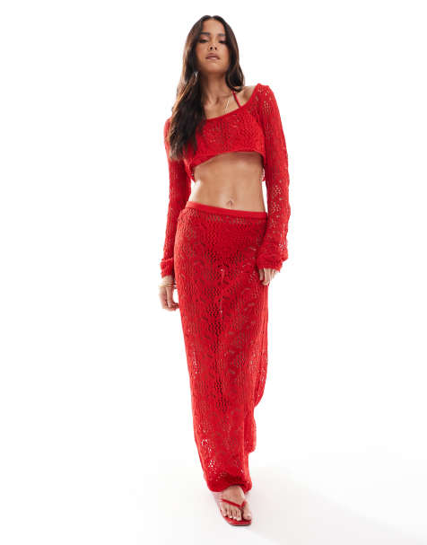 Miss Selfridge beach crochet maxi skirt in red