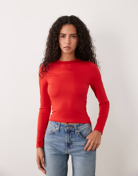 Miss Selfridge – Czerwony, modelujący T-shirt z długimi rękawami - view 1