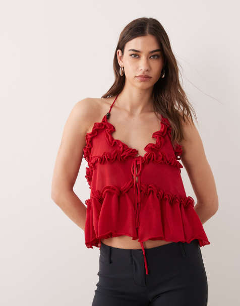 Miss Selfridge – Czerwony top na ramiączkach, z prześwitującej dzianiny, z falbanką - view 1