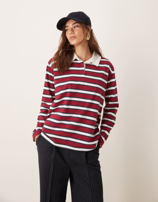 Miss Selfridge – Czerwony top w paski z długimi rękawami w stylu rugby