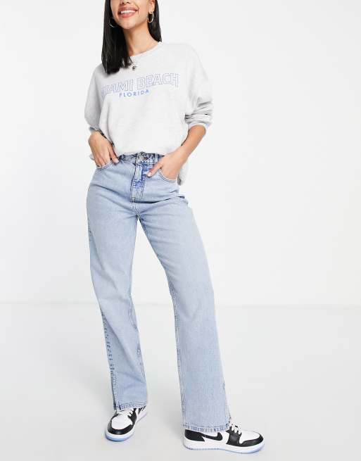 Miss Selfridge - Dad jeans comodi a vita alta con spacchetti laterali lavaggio blu medio