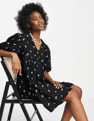 Miss Selfridge daisy embroidered smock dress in black