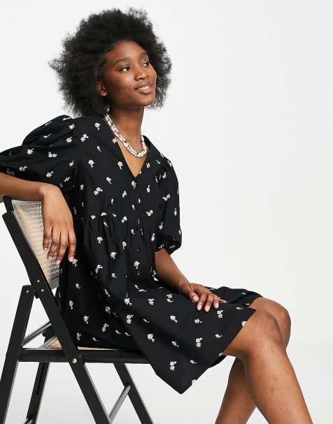 Miss Selfridge daisy embroidered smock dress in black - view 1
