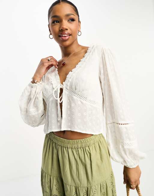 Miss Selfridge daisy embroidered tie front blouse in ivory ASOS