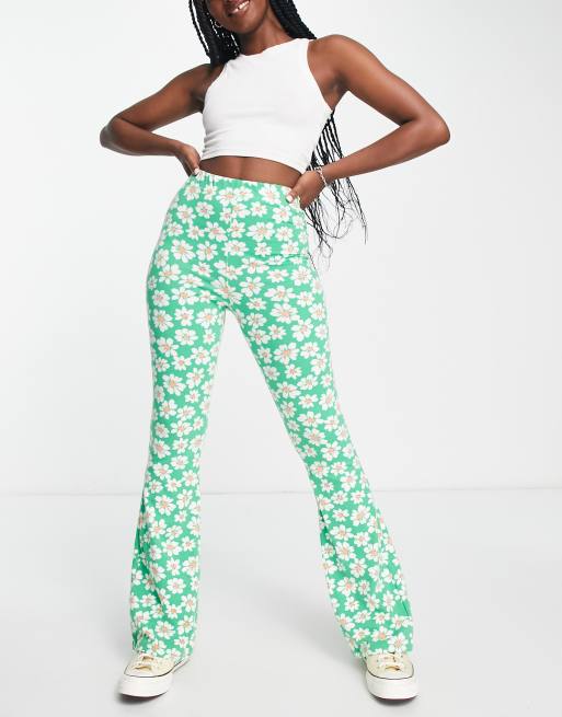Miss Selfridge daisy print kickflare pants in green 