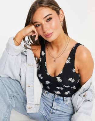 Miss Selfridge Daisy Print Sleeveless Voop Neck Bodysuit-multi In Black