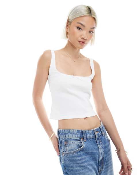 Miss Selfridge - Débardeur avec nœud et bords à picots - Blanc - view 1