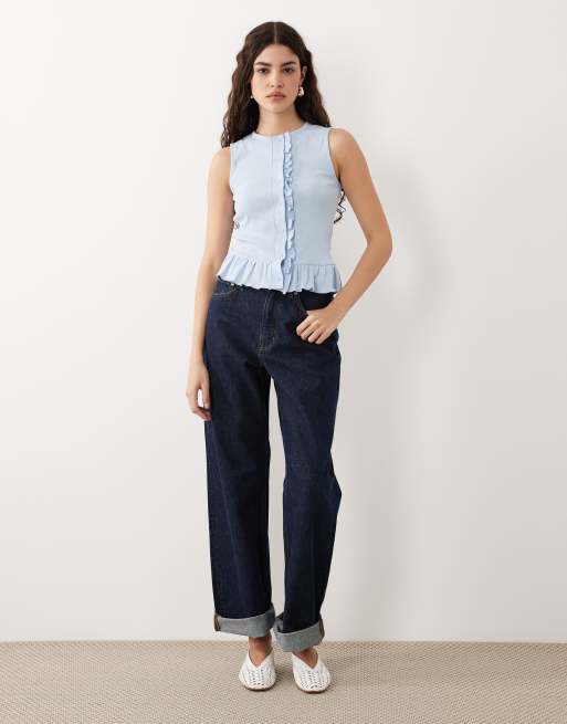 Miss Selfridge - Débardeur boutonné à ourlet volanté - Bleu, 2 de 4