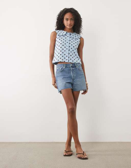 Miss Selfridge - Débardeur boutonné à pois avec col Claudine - Bleu, 2 de 4