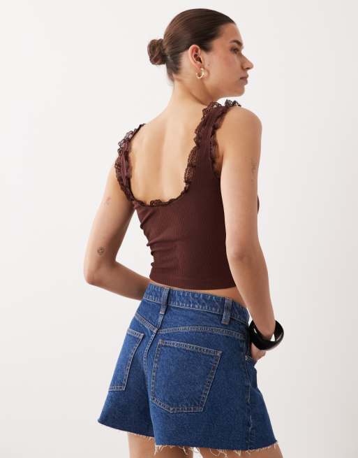 Miss Selfridge - Débardeur côtelé avec détails en dentelle - Chocolat, 4 de 4