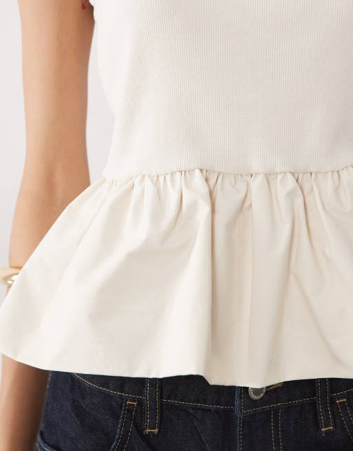 Miss Selfridge - Débardeur côtelé avec ourlet boule en popeline - Crème, 3 de 4