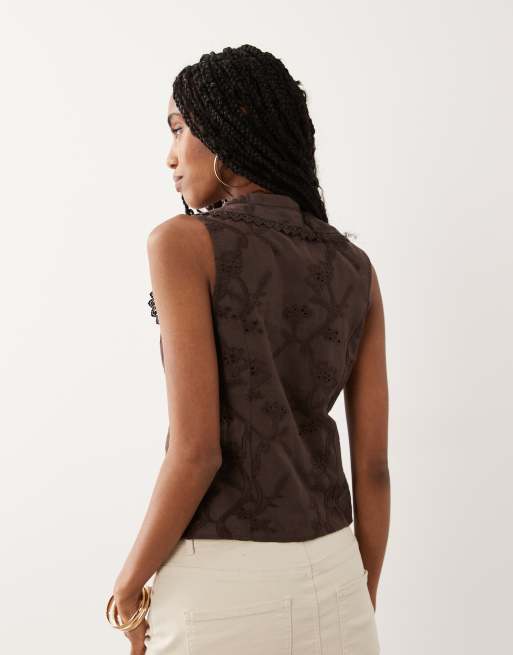 Miss Selfridge - Débardeur noué à l'avant avec broderies - Chocolat, 4 de 4