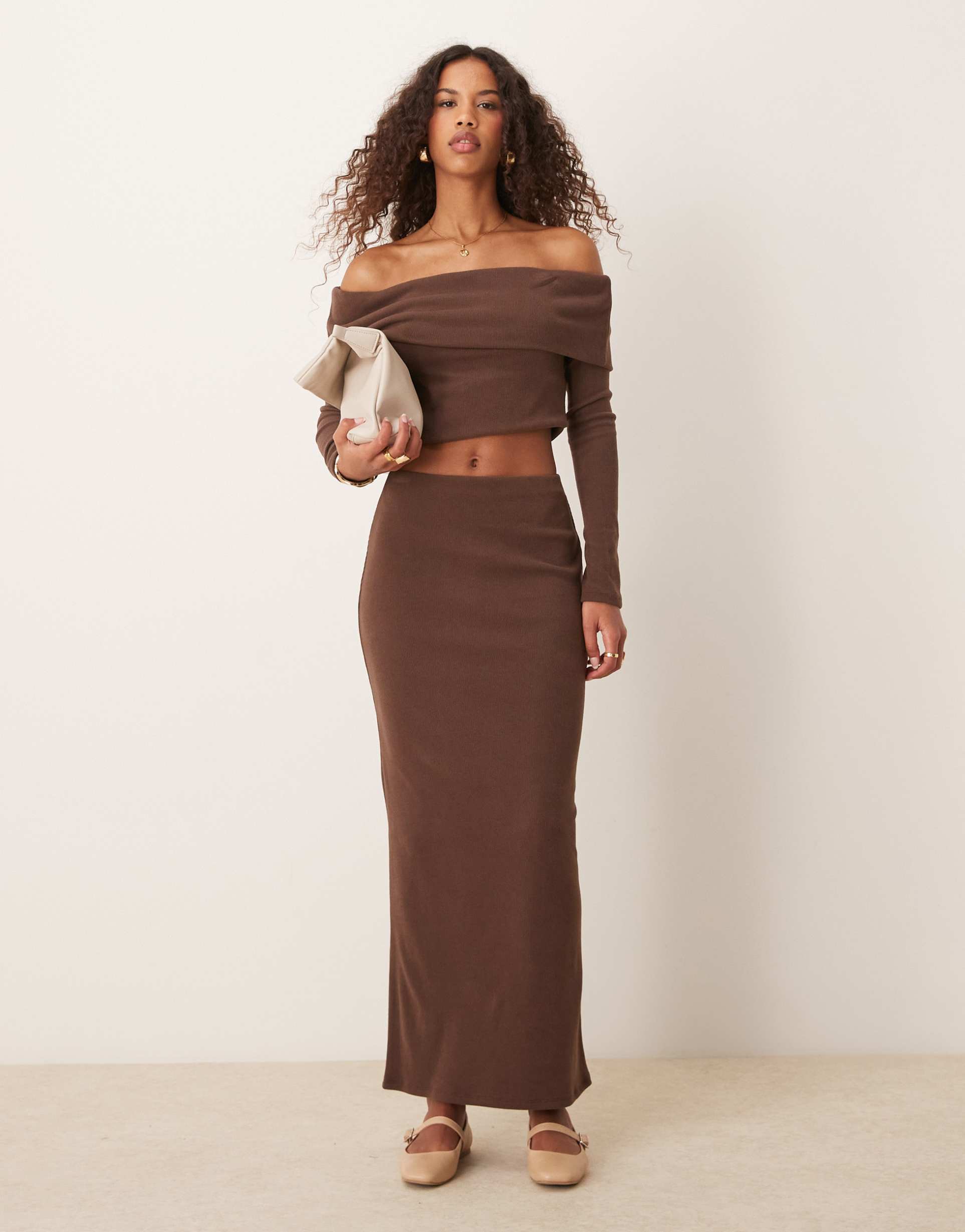 miss selfridge deep bardot top in chocolate