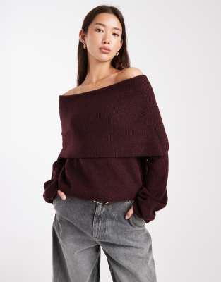 Miss Selfridge Miss Selfridge deep fold over rib bardot in plum-Purple