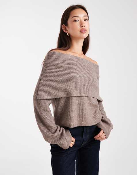 Miss Selfridge deep fold over rib bardot jumper in mocha - view 1