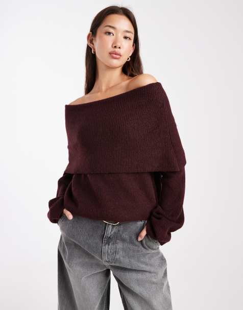 Miss Selfridge deep fold over rib knit off the shoulder sweater in plum - view 1