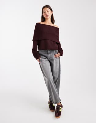 Miss Selfridge Deep Fold Over Rib Knit Off The Shoulder Sweater In Burgundy