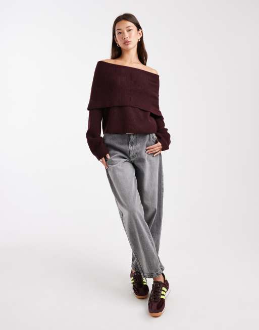 Miss Selfridge deep fold over rib knit off the shoulder sweater in plum