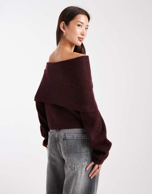 Miss Selfridge deep fold over rib knit off the shoulder sweater in plum