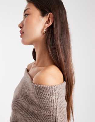 Miss Selfridge Deep Fold Over Ribbed Bardot Sweater In Brown