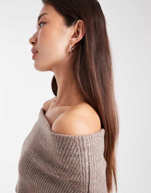 Miss Selfridge deep fold over ribbed bardot sweater in mocha