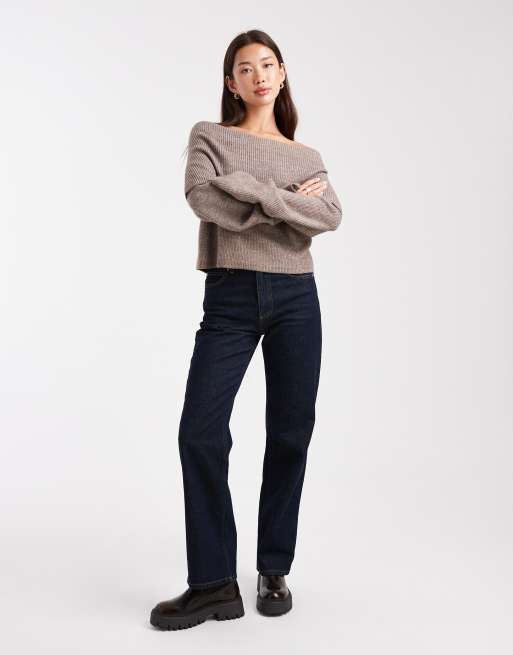 Miss Selfridge deep fold over ribbed bardot sweater in mocha