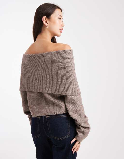 Miss Selfridge deep fold over ribbed bardot sweater in mocha