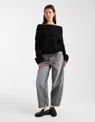 Miss Selfridge Deep Fold Over Ribbed Off The Shoulder Sweater In Black