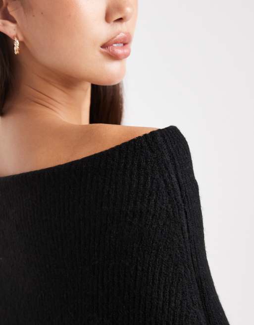 Miss Selfridge deep fold over ribbed off the shoulder sweater in black