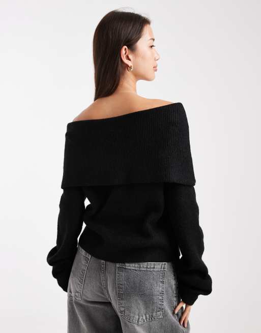 Miss Selfridge deep fold over ribbed off the shoulder sweater in black