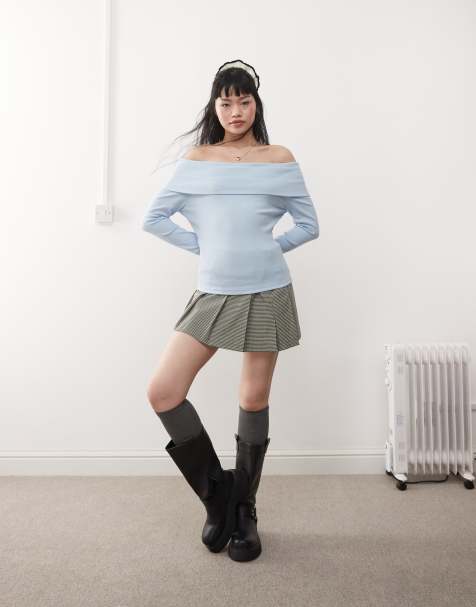 Miss Selfridge deep foldover bardot top in dusky blue - view 1