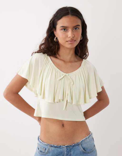 Miss Selfridge deep frill v-neck top with picot trim in neutral, 2 of 4