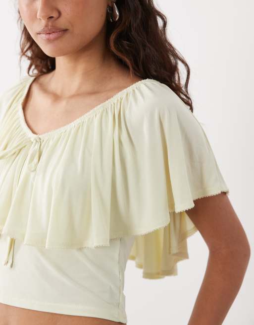 Miss Selfridge deep frill v-neck top with picot trim in neutral, 3 of 4