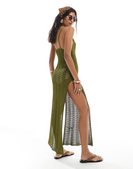 Miss Selfridge deep v-neck knitted crochet maxi dress in dark olive, 3 of 4