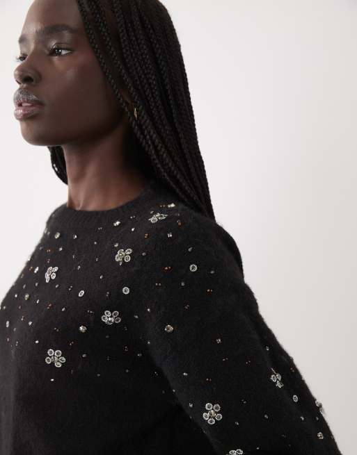 Miss Selfridge dekorerad blommig tröja med pärlor i svart, 2 av 4