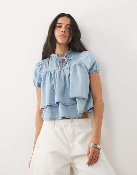 Miss Selfridge denim baby doll top in light wash - view 1