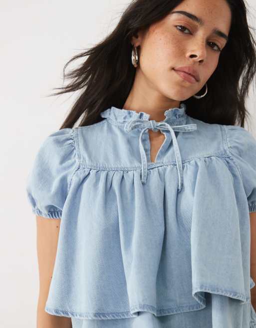 Miss Selfridge denim babydoll-top i lys vask, 4 af 4