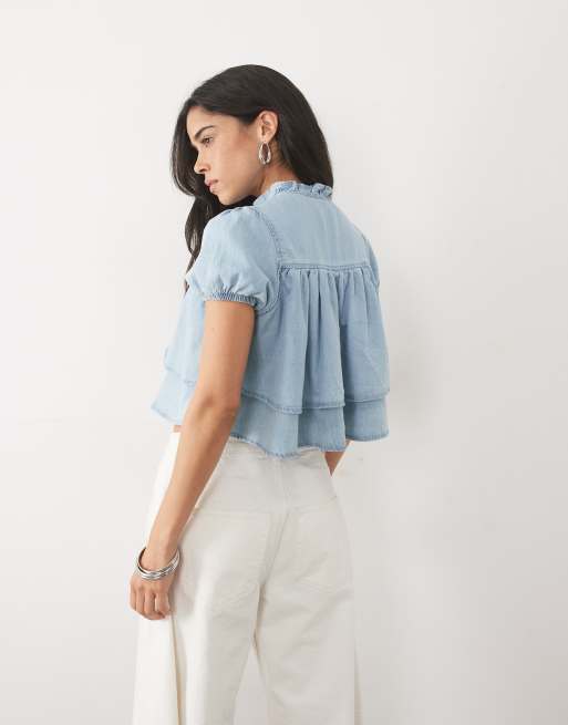 Miss Selfridge denim babydolltop in lichte wassing, 3 van 4