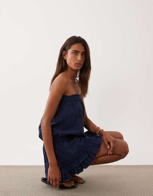 Miss Selfridge denim bandeau dress in blue wash, 3 of 4