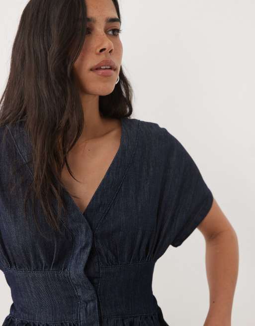 Miss Selfridge denim batwing tie front top in raw wash, 2 of 4