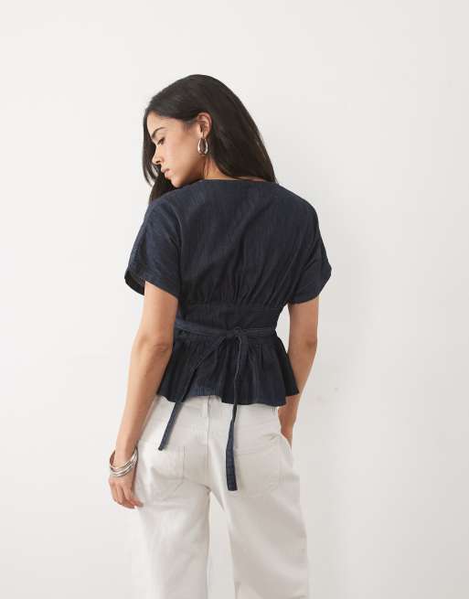 Miss Selfridge denim batwing tie front top in raw wash, 3 of 4