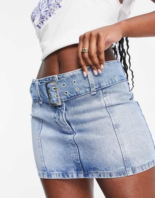 Belted denim mini store skirt