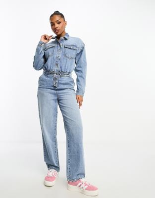 ASOS DESIGN Maternity denim boiler suit in mid wash