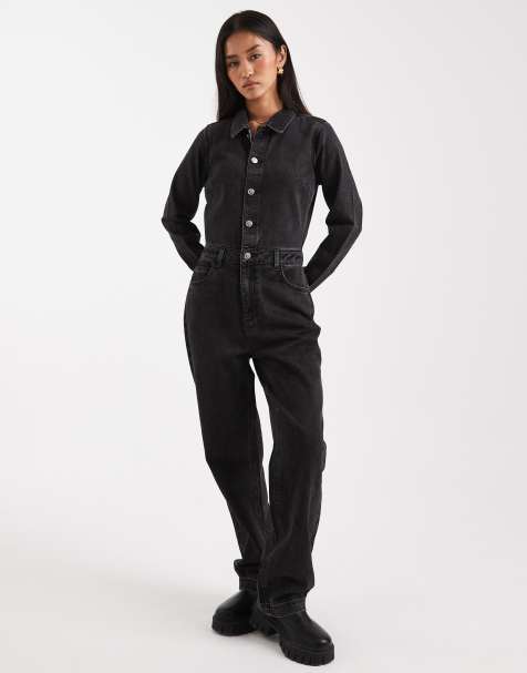 Miss Selfridge denim boilersuit in black wash - view 1