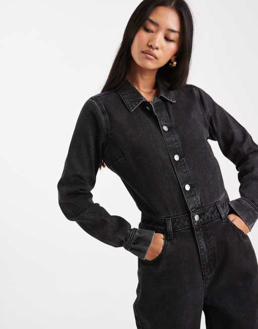Miss Selfridge denim boilersuit in black wash, 2 of 4