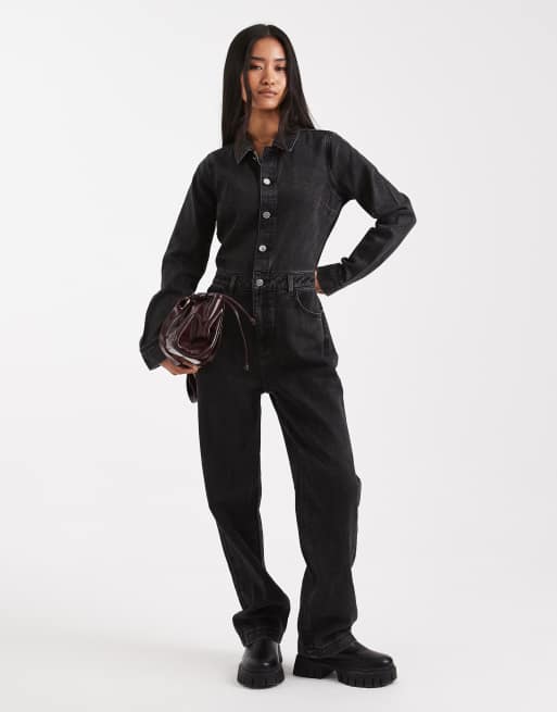 Miss Selfridge denim boilersuit in black wash, 3 of 4