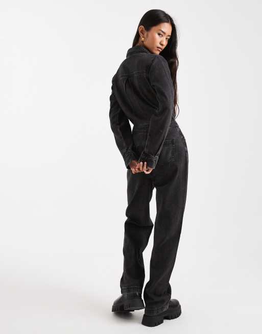 Miss Selfridge denim boilersuit in black wash, 4 of 4