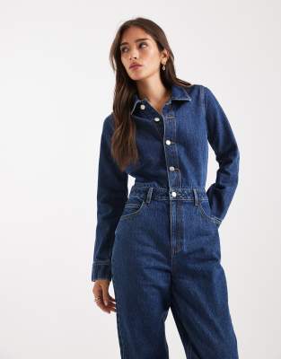 Miss Selfridge Denim Boilersuit In Blue