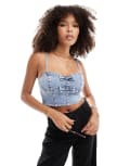 [Miss Selfridge] Miss Selfridge denim bow cami top in bleach wash-Blue 14 Bleach wash